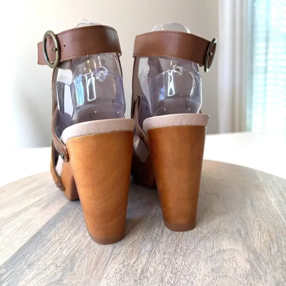 Jambu Handcrafted Suede Wood Platform Sandals Women's Size 8 Brown Peep Toe - Picture 8 of 13